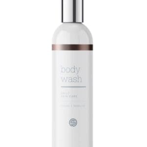 A bottle of body wash is shown.